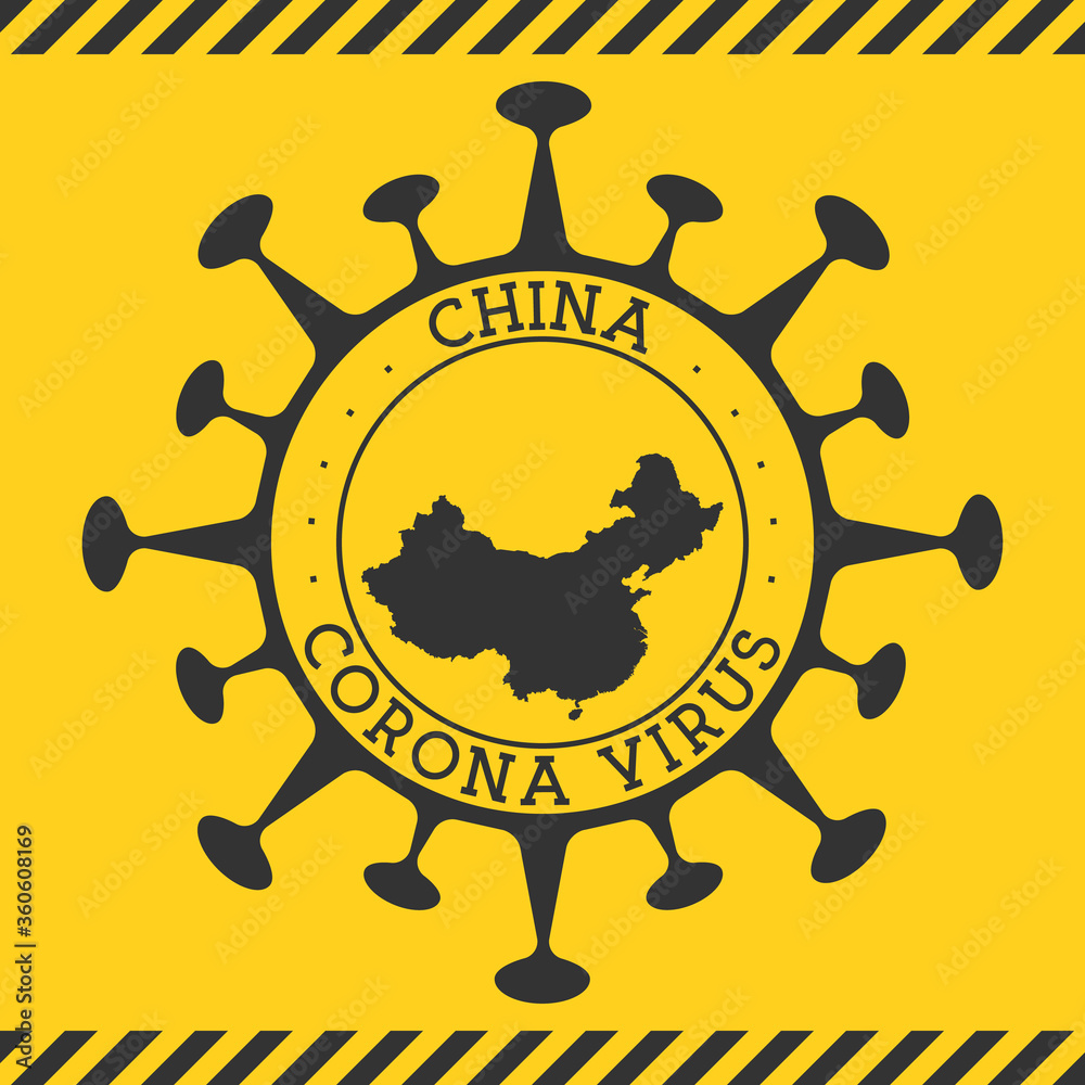 Corona virus in China sign. Round badge with shape of virus and China map. Yellow country epidemy lock down stamp. Vector illustration.