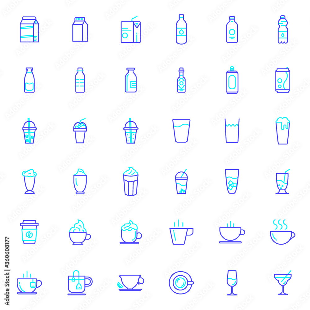 Set of beverage and drink icons line style. It contains such Icons as coffee, water, tea, cocktail, wine, milk, ice cafe mocha, beer, soda, can, juice and other elements. Set of beverage and drink icons line style. It contains such Icons as coffee, water, tea, cocktail, wine, milk, ice cafe mocha, beer, soda, can, juice and other elements.
