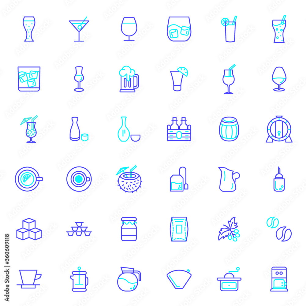 Set of beverage and drink icons line style. It contains such Icons as coffee, beer, tea, cocktail, wine, whiskeys, tequila, bottle, barrel, juice and other elements. Set of beverage and drink icons line style. It contains such Icons as coffee, beer, tea, cocktail, wine, whiskeys, tequila, bottle, barrel, juice and other elements.