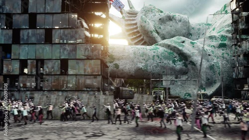 zombie apocalypse in usa. walking crowd zombies. Realistic 4K animation. photo