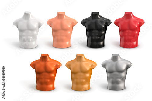 Torso of a male mannequin for clothes. Vector 3d illustration. The human body of a man. Presentation mannequin of white, black, beige, red, silver, gold, bronze color.