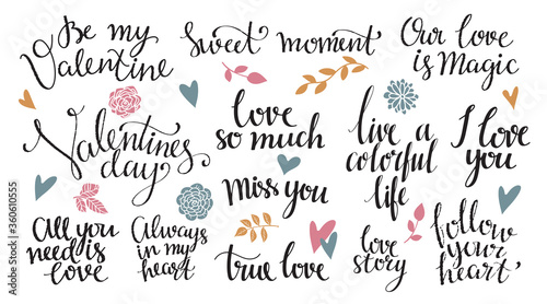 Love, Valentines day lettering set. Isolated on white background. Handwritten font, hand drawn