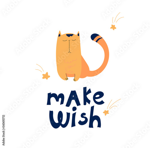 The cat sits and makes wishes during the fall of the stars.Cute poster by hand drawn cat and lettering Make wish.Vector illustration of daydreaming for print,textile, t-shirts, cards, stickers,posters