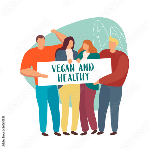 Group of people holding sign vegan and healthy isolated on white flat vector. 