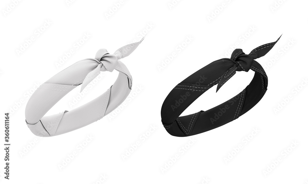 Black and white bandana, headband with a knot on the forehead. Women's headdress. Mock up, blank template for design and logo. 3d illustration isolated on a white background. Black and white bandana, headband with a knot on the forehead. Women's headdress. Mock up, blank template for design and logo. 3d illustration isolated on a white background.