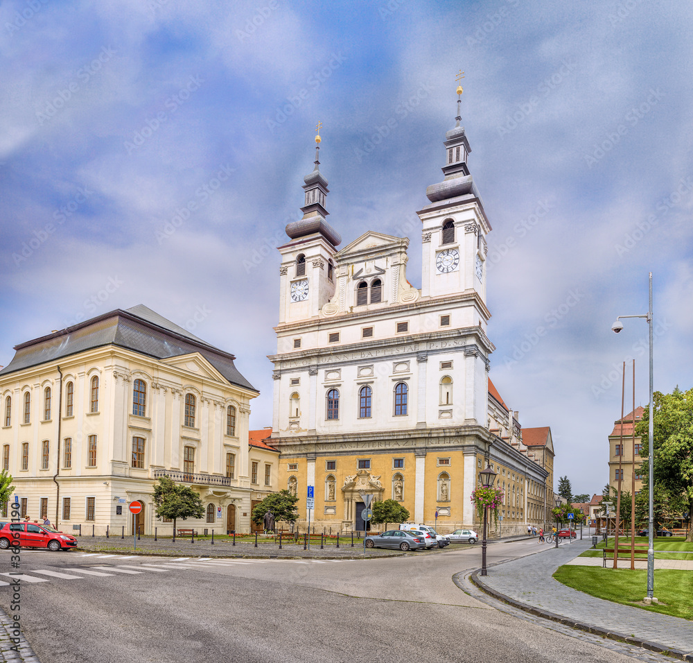 TRNAVA, SLOVAKIA - JUNE 16, 2019: St. John the Baptist Cathedral (Slovak: Katedrála svätého Jána Krstiteľa) is one of the most capital historic monuments of Trnava, western Slovakia, Central Europe