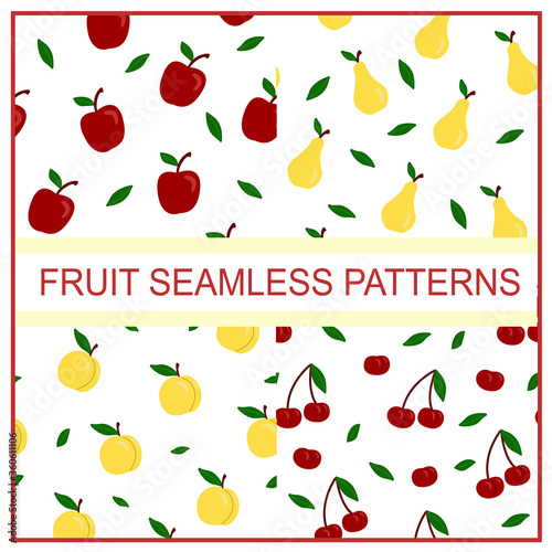 set of seamless fruit patterns in flat style (apple, pear, apricot, cherry)