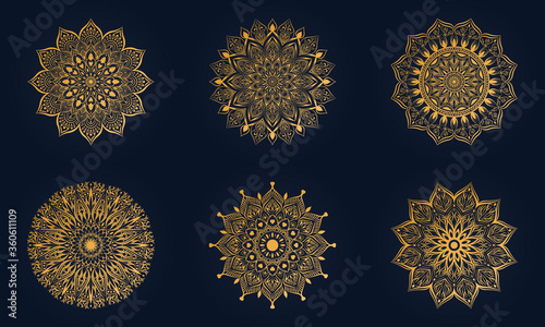 Set of luxury mandala background with floral ornament pattern. Hand drawn gold mandala design. Vector mandala template for decoration invitation, cards, wedding, logos, cover, brochure, flyer, banner.
