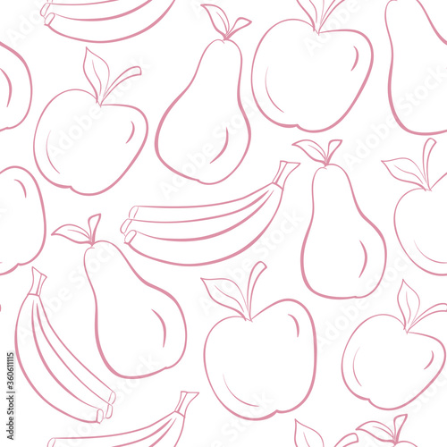 seamless pattern with fruits (apple, pear, banana) drawn outline