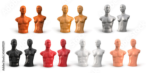 Male and female torso of white, black, red, beige, gold, silver, bronze colors. Human mannequin for clothes. Part of the body. Vector 3d illustration isolated on white background.