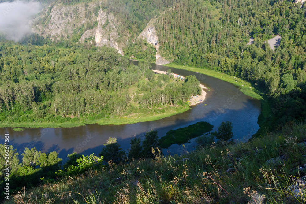 Ural landscape. Meander (loop) of Belaya river. Bashkiria national park, Bashkortostan, Russia.