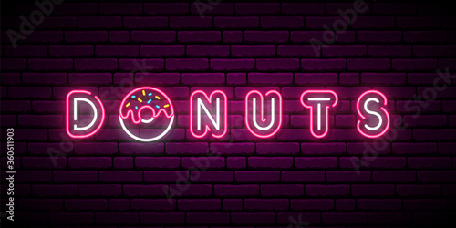 Neon Donut signboard. Bright horizontal banner with Donut and text. Stock vector illustration.
