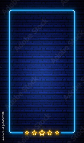 Neon vertical frame banner on brick wall. Realistic neon frame with five stars. Star rating. Vector neon design template.