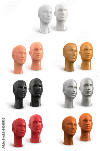 Male and female head of a human mannequin in white, black, red, beige, gold, silver, bronze colors. Part of the body. Vector 3d illustration isolated on white background.