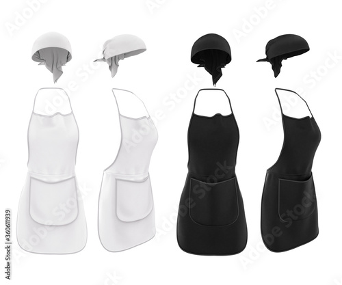 Mock up, template for design, logo, brand. The uniform of a cook, waiter, bartender, sushi chef, baker, seller. Apron and bandana. Black and white 3d realistic illustration. Front and side view.