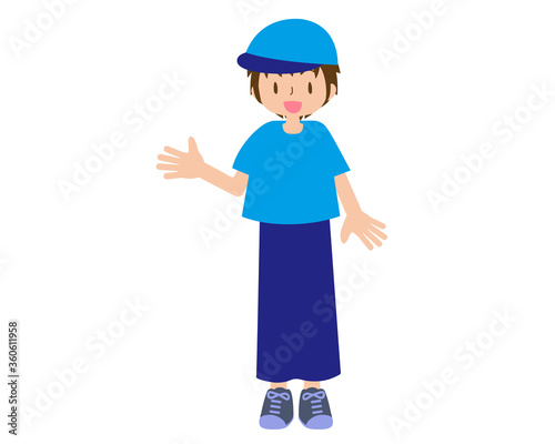 帽子をかぶった半袖の男性スタッフのイラスト