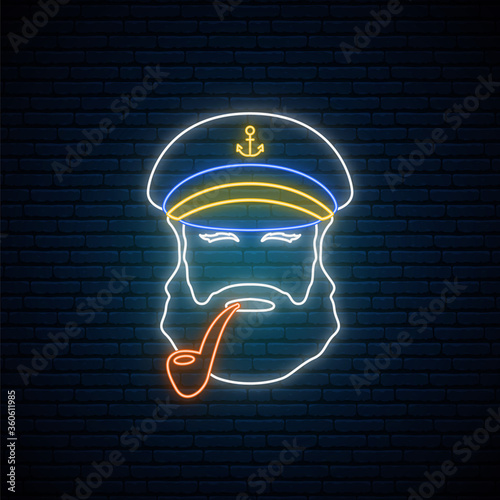 Neon old sailor captain with tobacco pipe. Hipster sailor man. Bright glowing captain emblem. Vector illustration.