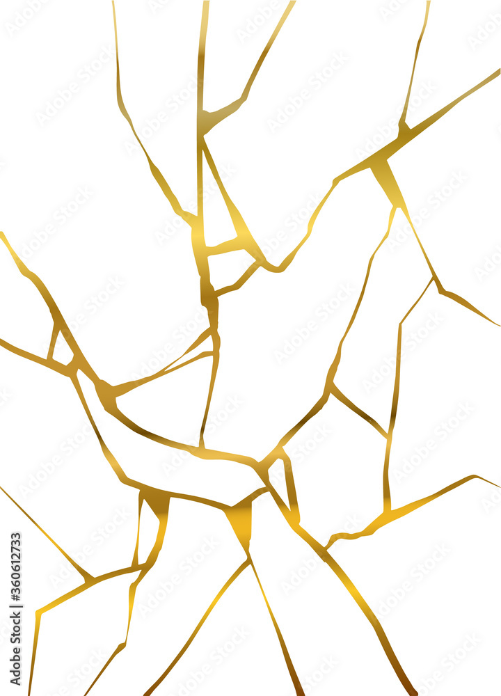 Gold kintsugi crack vector card on white background. Golden texture