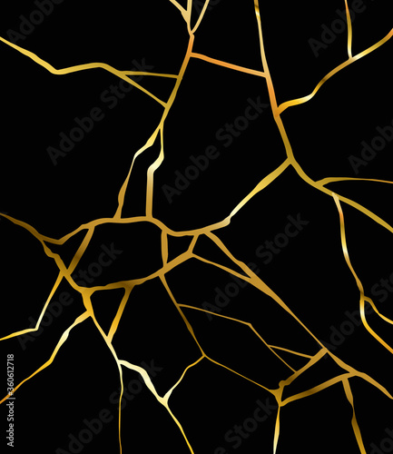 Gold kintsugi crack vector card on black background. Golden texture. Broken marble luxury stone pattern effect. Foil wallpaper glitter graphic. Wedding card template. Cover surface