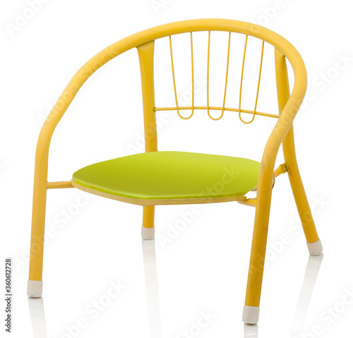Baby chair. Isolated on white background with shadow reflection. Yellow childy metallic seat.