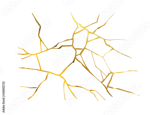 Gold kintsugi crack vector golden isolated element texture. Broken ground wall glass pattern effect. Damage glass white background. Earthquake isolated concrete. Break fissure crash land. Kintsugi