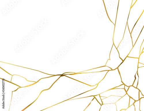 Gold kintsugi crack vector card on white background. Golden texture. Broken marble luxury stone pattern effect. Foil wallpaper glitter graphic. Wedding card template. Cover surface photo