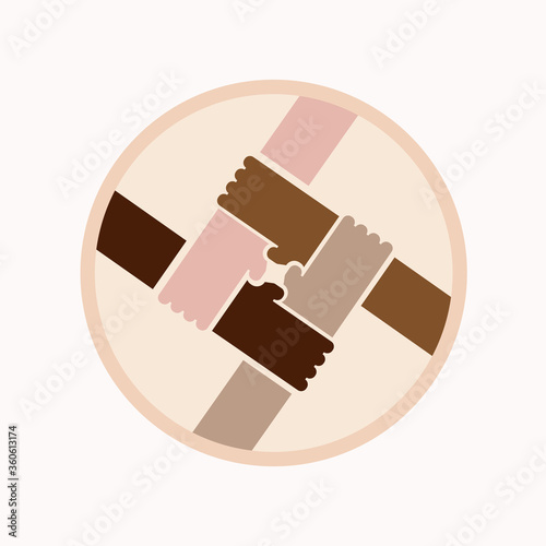 No to racism. Stop to racism and discrimination. Handshake of different races. Vector Illustration