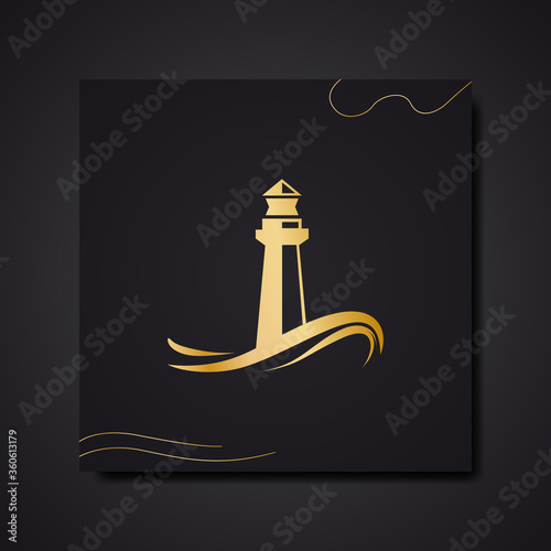 Vector logo lighthouse. Luxury greeting card. Invitation template on black background