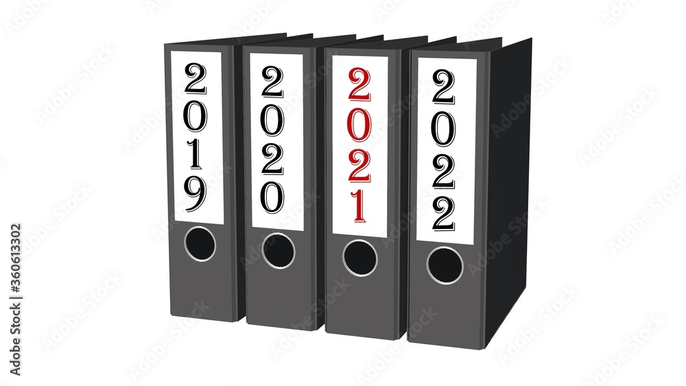 Year change 2021 - file folder in a row - sorted by ascending year - isolated on white background - 3D illustration Year change 2021 - file folder in a row - sorted by ascending year - isolated on white background - 3D illustration