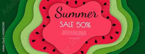 Summer sale banner design with paper cut watermelon top view background. Vector illustration