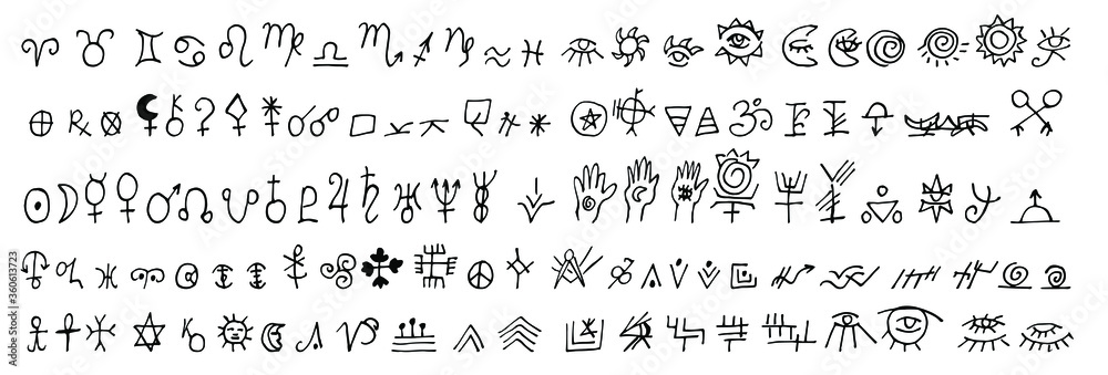 Set of alchemical, astrological and esoteric signs. Symbols of zodiac signs, planets, asteroids. Vector black icons isolated on a white background. Sketch in Doodle style.