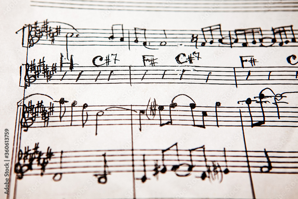 handwritten musical score . Sheet music of musical opus . Sheet music and accords om a paper handwritten musical score . Sheet music of musical opus . Sheet music and accords om a paper