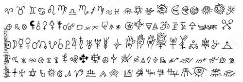 Set of alchemical, astrological and esoteric signs. Symbols of zodiac signs, planets, asteroids. Vector black icons isolated on a white background. Sketch in Doodle style.