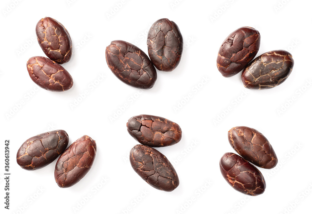 peeled cocoa beans isolated on white background, top view peeled cocoa beans isolated on white background, top view