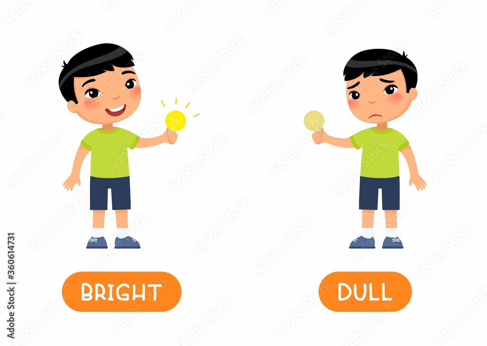 Opposites Dull And Bright Words Cute Asian Boy Holds A Light Bulb In His Hand Flat Illustration With Typography Educational English Word Card With Antonyms Vector Template Stock Vector Adobe Stock