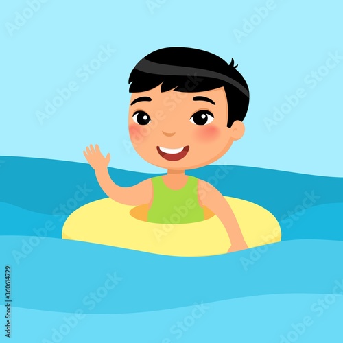 Asian boy swimming with inflatable ring flat vector illustration. Beautiful child having fun in water, waving hand. Cheerful kid enjoying summer activities color cartoon character