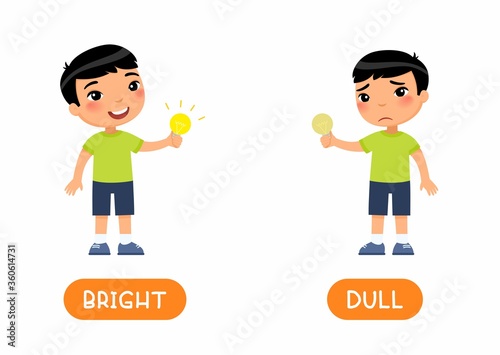Opposites, DULL and BRIGHT words.Cute asian boy holds a light bulb in his hand flat illustration with typography.Educational english word card with antonyms vector template. 