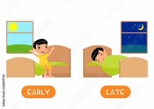 LATE and EARLY antonyms flashcard flat vector template. Opposites concept. Word card for english language learning with cartoon character. Asain boy waking up and sleeping illustration with typography