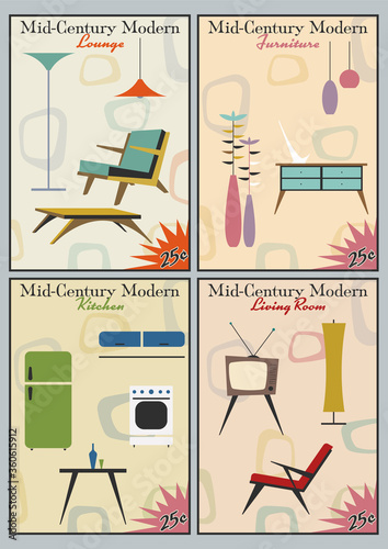 Mid Century Modern Life Style Retro Magazine's Cover Stylization, Furniture and Appliances, Electronic and Lighting 1950s Style