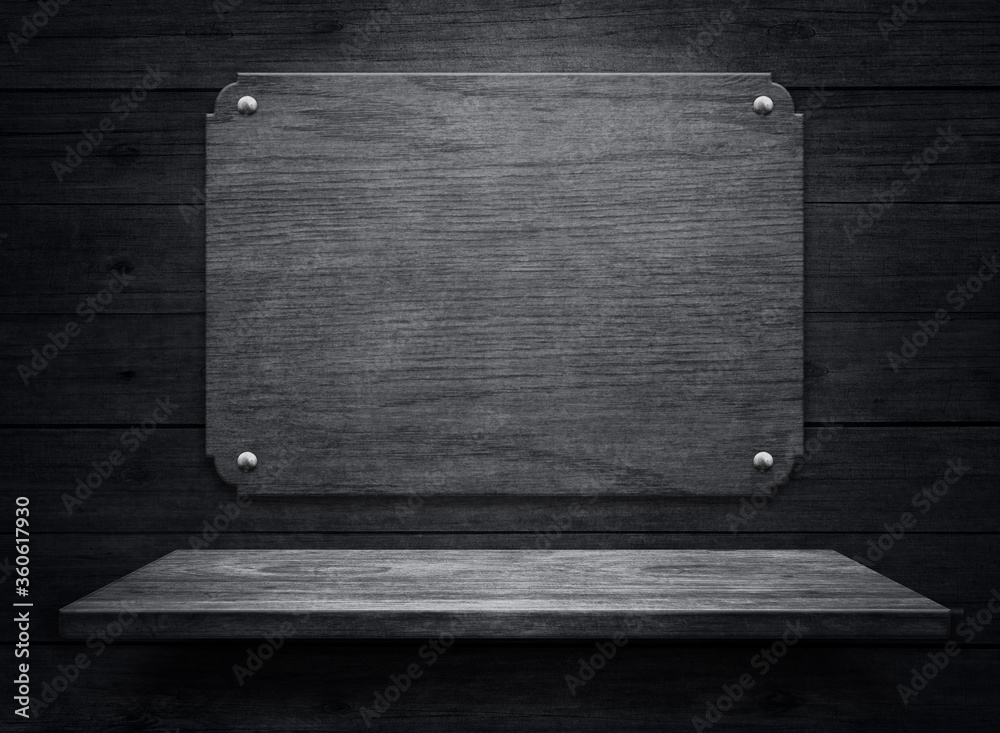 Old wood shelf on black wall background, texture surface 3d illustration. Old wood shelf on black wall background, texture surface 3d illustration.