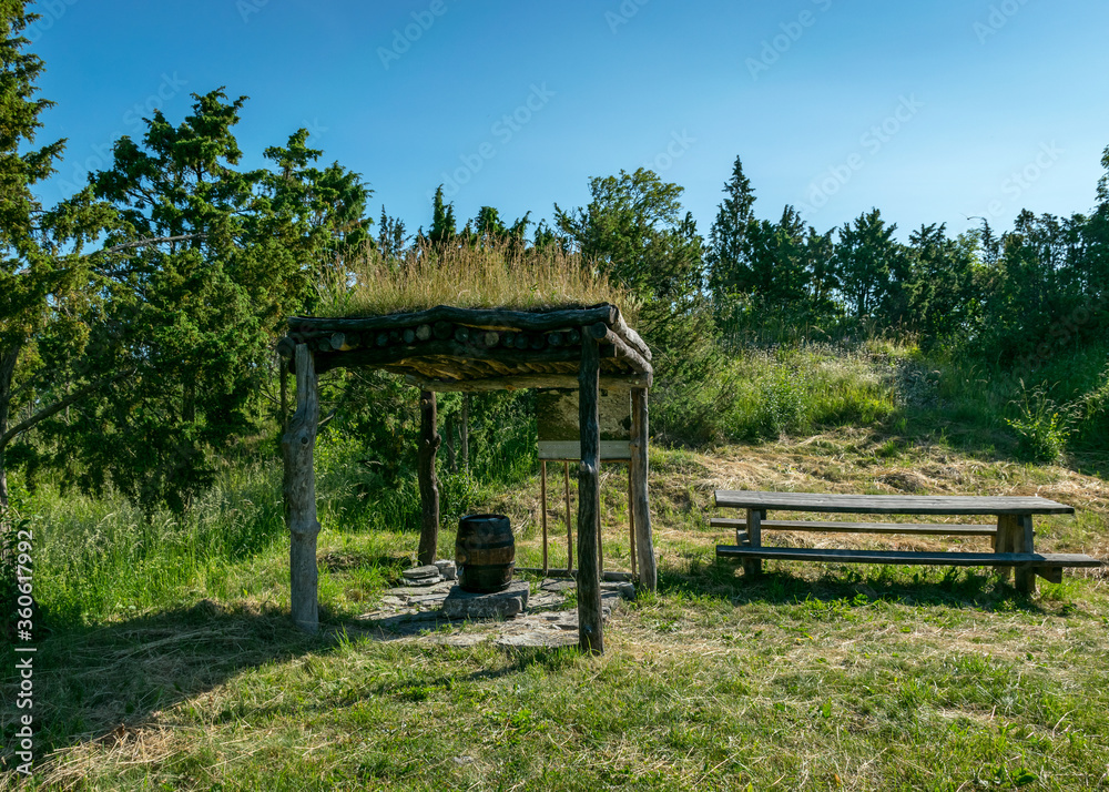 landscape with a naturally decorated seating area, wooden table and bench, summer landscape