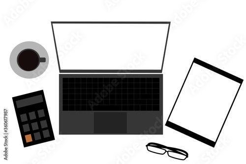 Modern business office desk with workspace creative flat design vector illustration. Top view workplace tabletop background with laptop computer, digital tablet, calculator, eye glasses and coffe cup.
