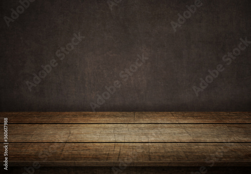 Wooden floor on a dark wall vintage background. 3d illustration.