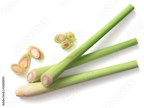 fresh lemongrass stems isolated on white background  top view