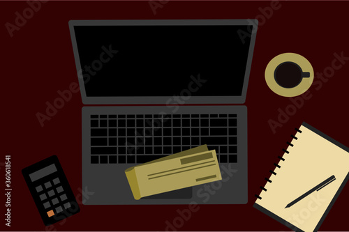 Modern business office desk creative flat design vector illustration. Top view workplace desktop background with laptop computer, calculator, cheque book, empty note paper and cup of coffee.