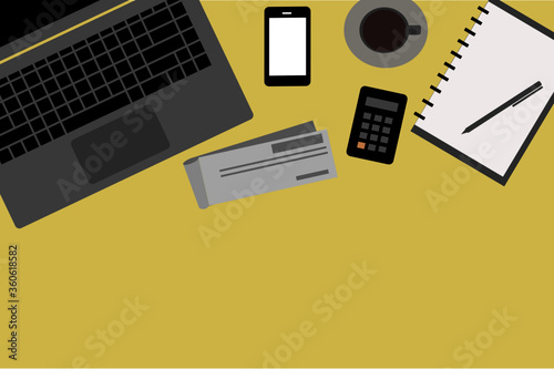 Vector illustration of a folder icon with a computer, checkbook, calculator, mobile phone and cup of coffee.