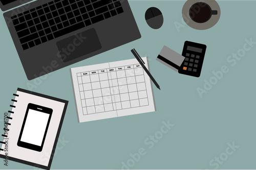 Modern creative business office desk with workspace flat design vector illustration. Top view workplace desktop background.