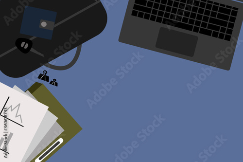 Modern creative business office desk with workspace flat design vector illustration. Top view workplace desktop background.