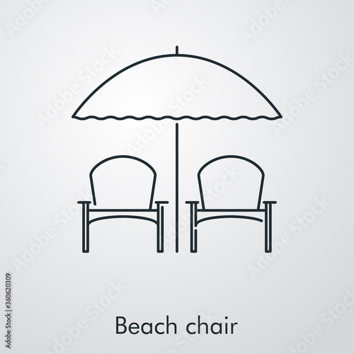 Concepto de vacaciones y viajes. Icono plano lineal 2 sillas de playa con sombrilla en fondo gris 