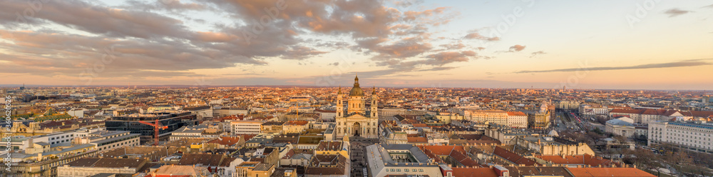 Panoramic aerial drone shot of St. Stephen Basilica during Budap